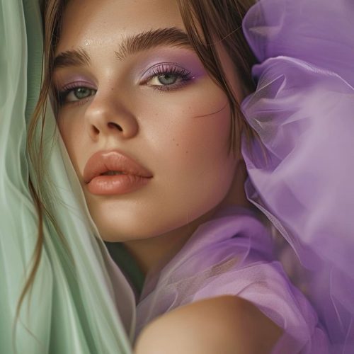 cinematic photography of a beautiful girl in beauty salon in beige purple and green colors